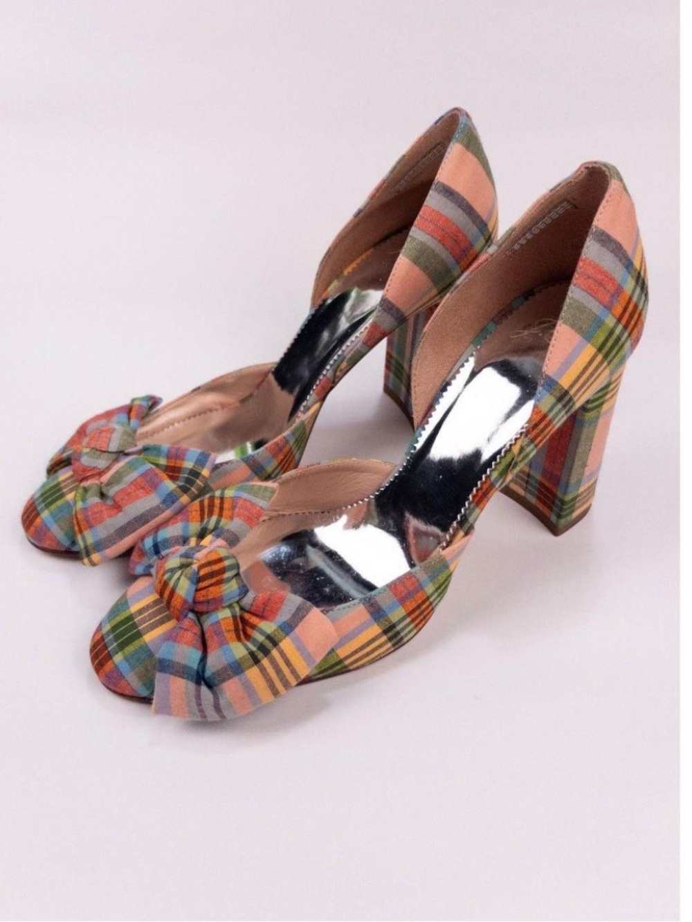 J. Crew academy Plaid Knot-Peek Toe Block Heel bow Pumps - Multicolor
